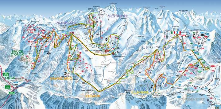 Via Lattea pistekort - Montgenevre, Claviere, Sestriere og Sauze d'Oulx.